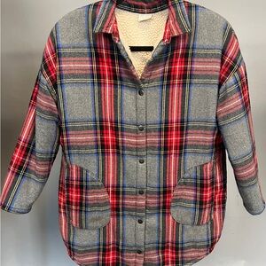 Zara Plaid flannel oversized overcoat shearling lined jacket unisex size 9/10